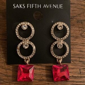 Saks Fifth Avenue Rhinestone Circle w/Red Crystal Square Dangle Earrings NWT